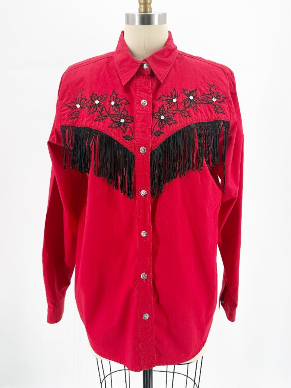 Vtg Dakota Rodeo 100% Cotton Red Western Embroidered Fringe Button Down Shirt